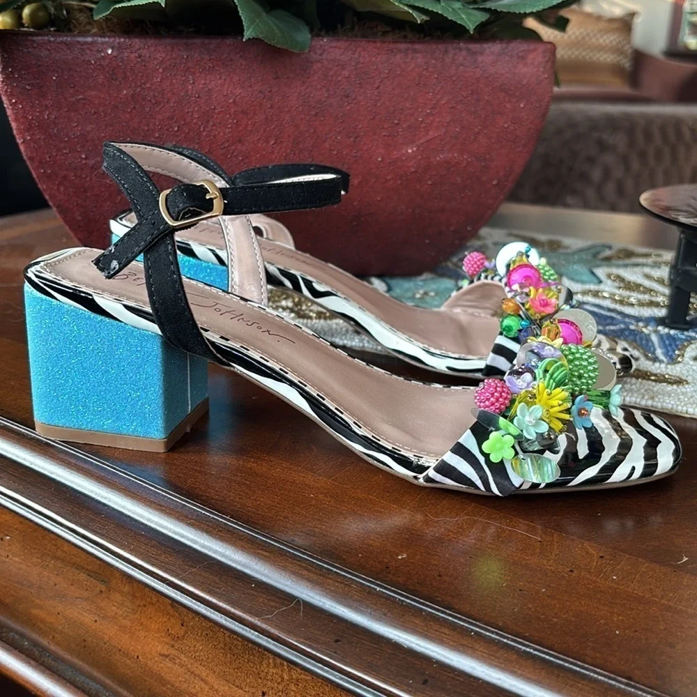 BETSEY JOHNSON Black Embellished Ankle Strap Open Toe Block Heel Beaded Sandals